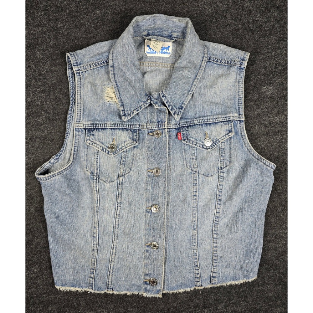 Levi's Women's Light Wash Distressed Denim Vest Cutoff Raw Hem Frayed Size XL